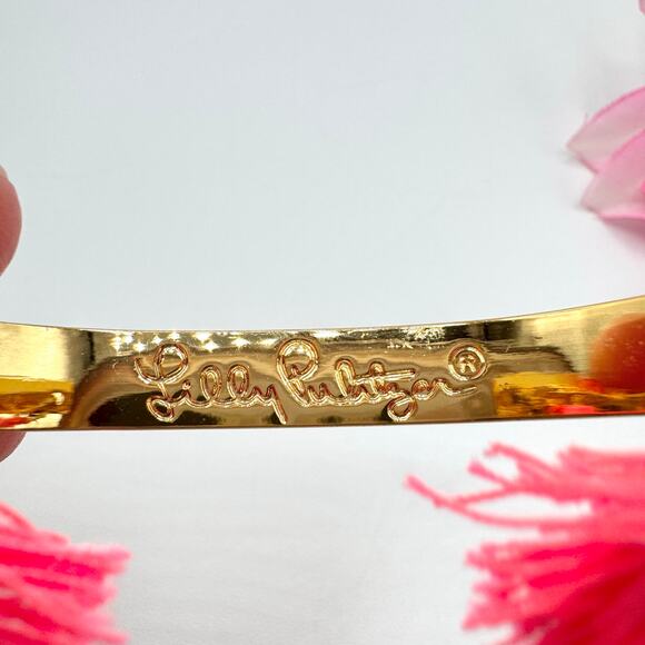 Lilly Pulitzer It’s Always Summer Somewhere Gold Tone Pink Tassel Cuff Bracelet - Picture 5 of 14